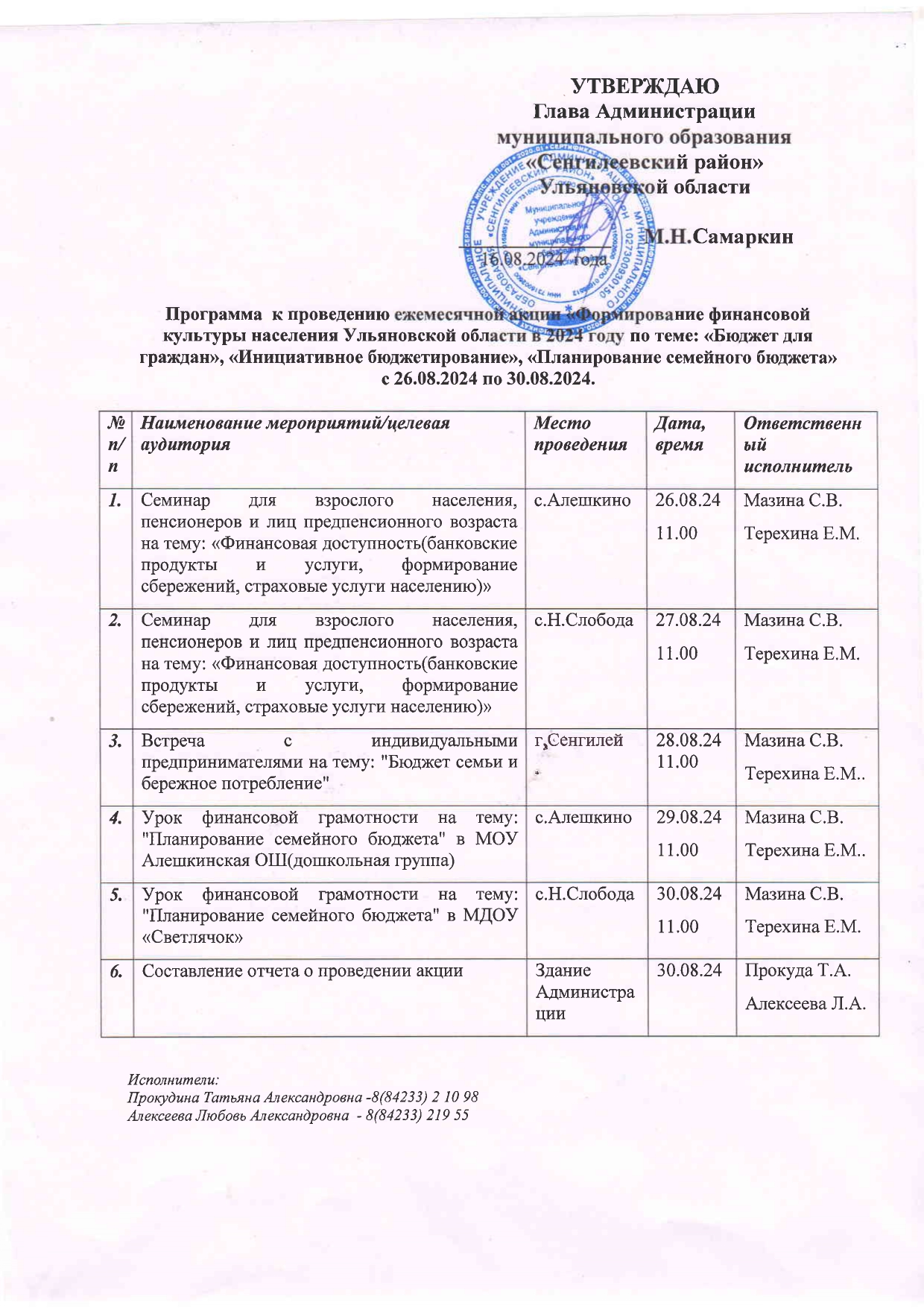 Программа формирования финансовой грамотности на август 2024г..