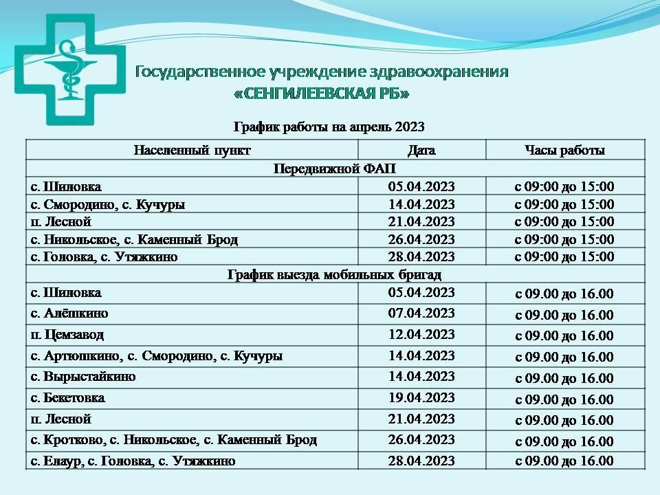 График работы мобильной бригады ГУЗ &quot;Сенгилеевская районная больница&quot;.