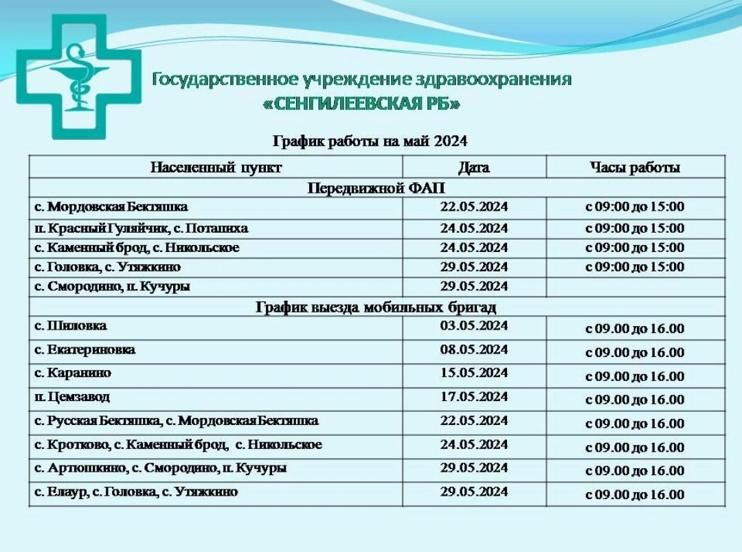 График работы ПМК на май 2024 года  МО «Сенгилеевский район»  ГУЗ «Сенгилеевская районная больница».