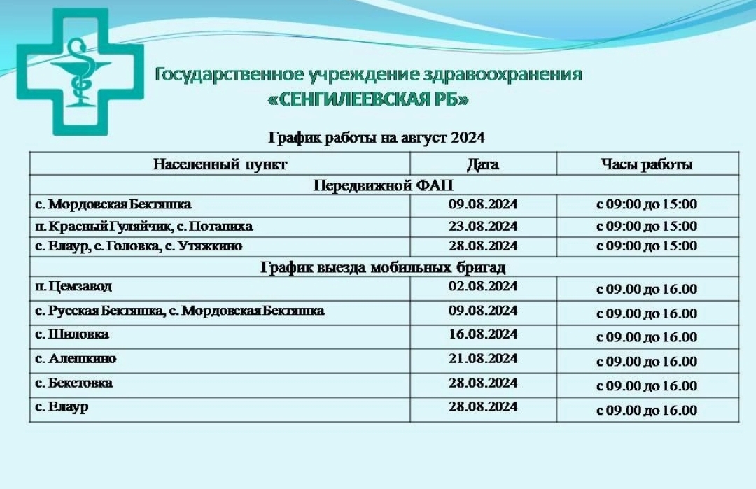 График работы ПМК на август 2024 года  МО «Сенгилеевский район»  ГУЗ «Сенгилеевская районная больница».