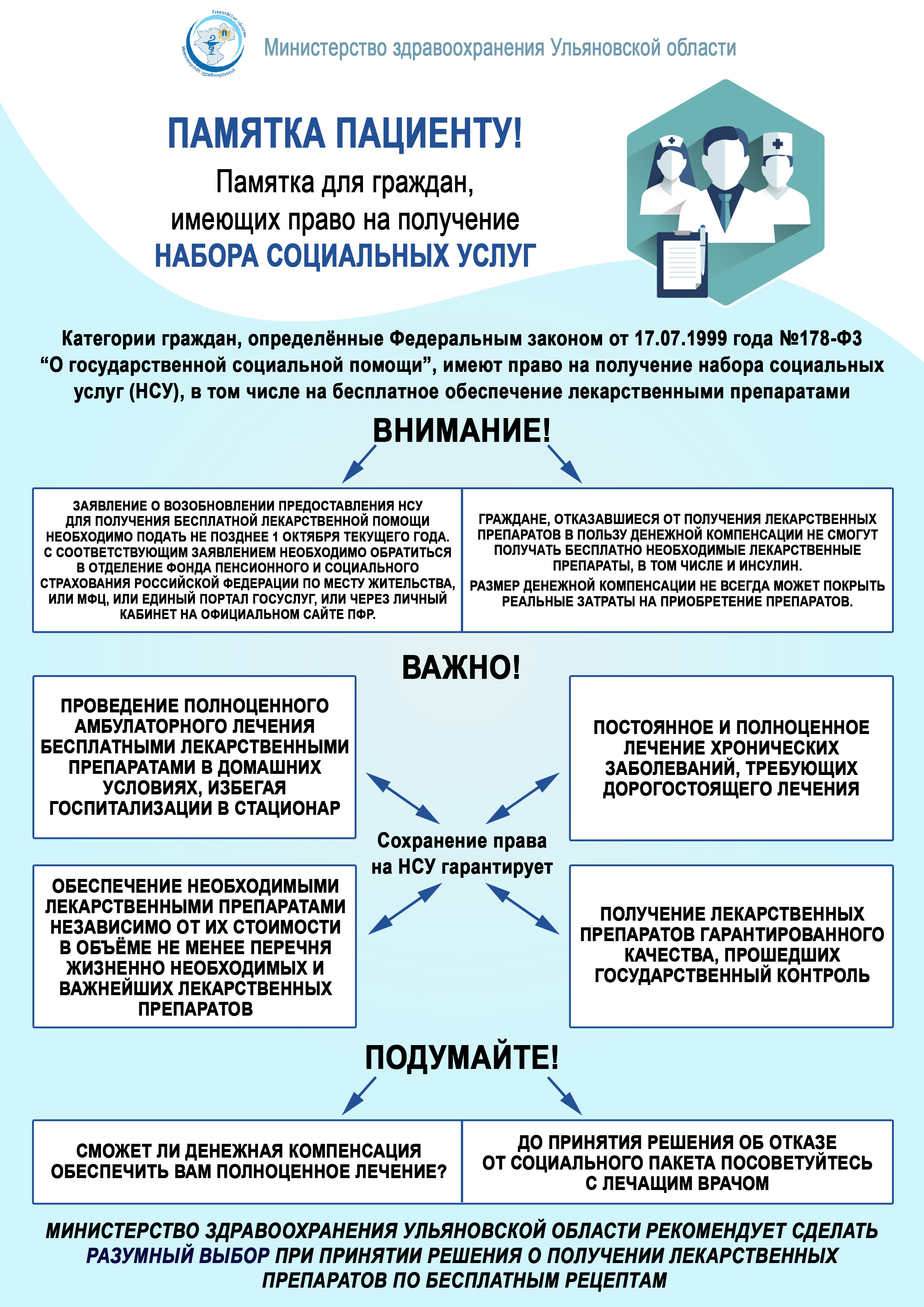 Министерство здравоохранения Ульяновской области напоминает гражданам, имеющим право на льготное лекарственное обеспечение в соответствие с Федеральным законом от 17.07.1999 №178–ФЗ «О государственной социальной помощи».