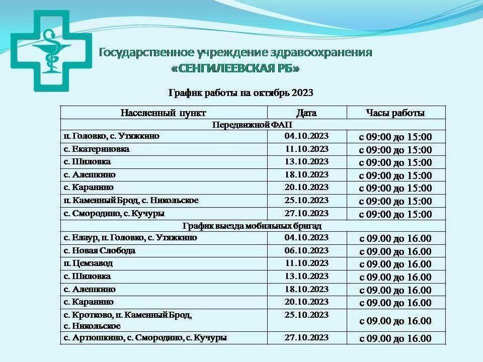 График работы мобильной бригады ГУЗ &quot;Сенгилеевская районная больница&quot;.