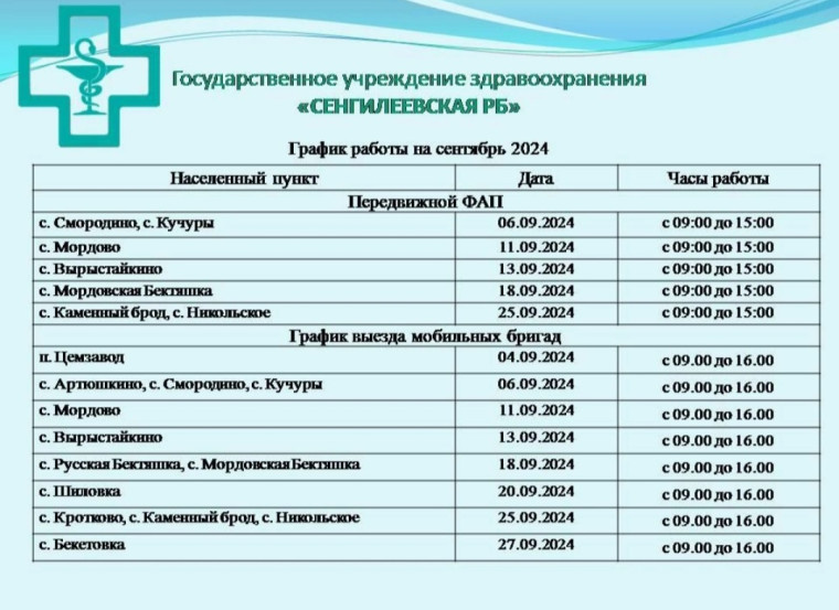 График работы ПМК на сентябрь 2024 года МО «Сенгилеевский район» ГУЗ «Сенгилеевская районная больница». График работы ПМК на сентябрь 2024 года МО «Сенгилеевский район» ГУЗ «Сенгилеевская районная больница».