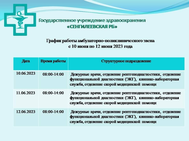 График работы амбулаторно-поликлинического звена с 10 июня по 12 июня 2023 года. График работы амбулаторно-поликлинического звена с 10 июня по 12 июня 2023 года.