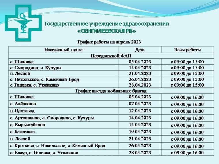 График работы мобильной бригады ГУЗ "Сенгилеевская районная больница". График работы мобильной бригады ГУЗ "Сенгилеевская районная больница".